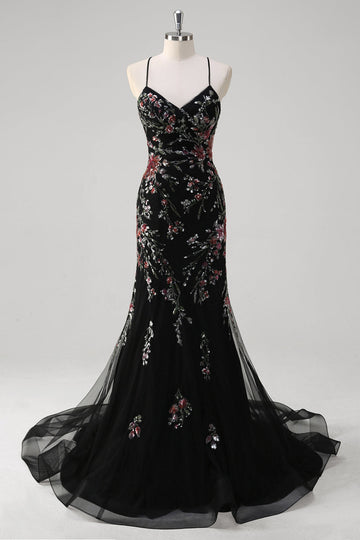 Black Mermaid Spaghetti Straps Appliqued Long Formal Dress With Sequins